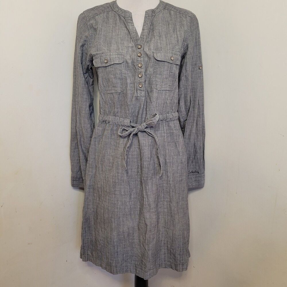 Cabela’s Women’s Gray Long Sleeve Shirt Dress Size M 100% Cotton Tie Waist Pocke